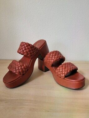 Seychelles Novelty Platform Woven Sandals Heeled Clogs 9 Leather Terracotta Puff